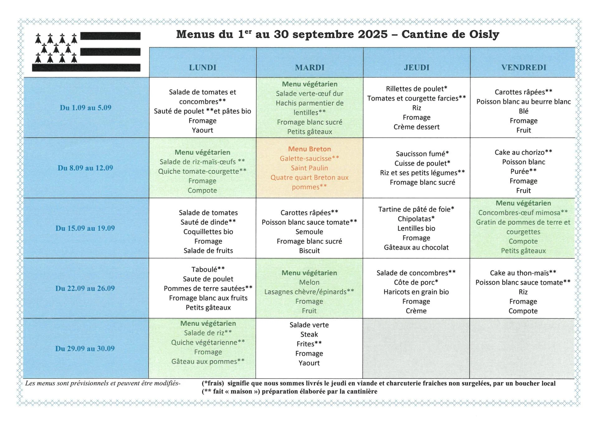 Menu septembre 2025