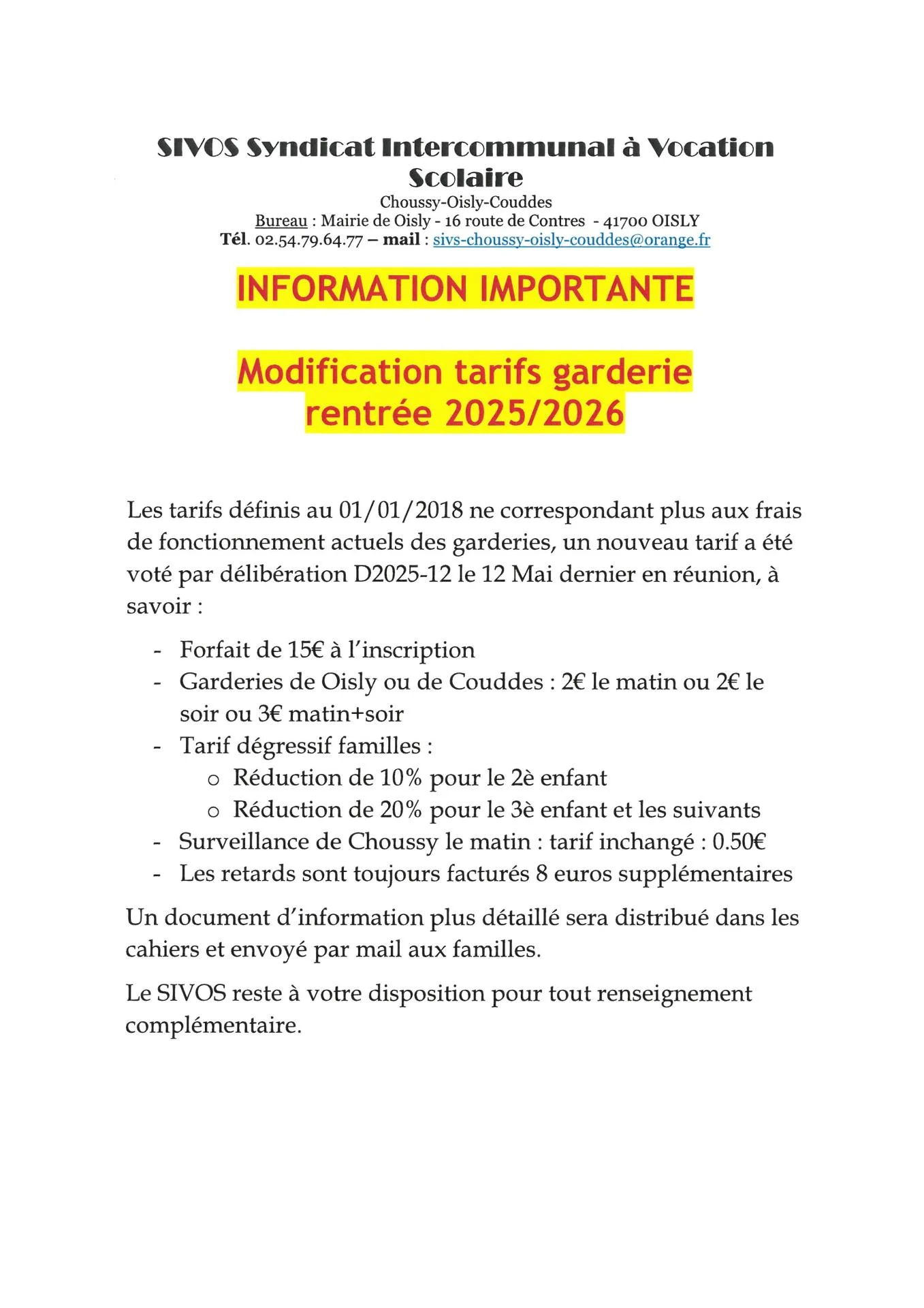 Tarifs garderie a compter de 2025